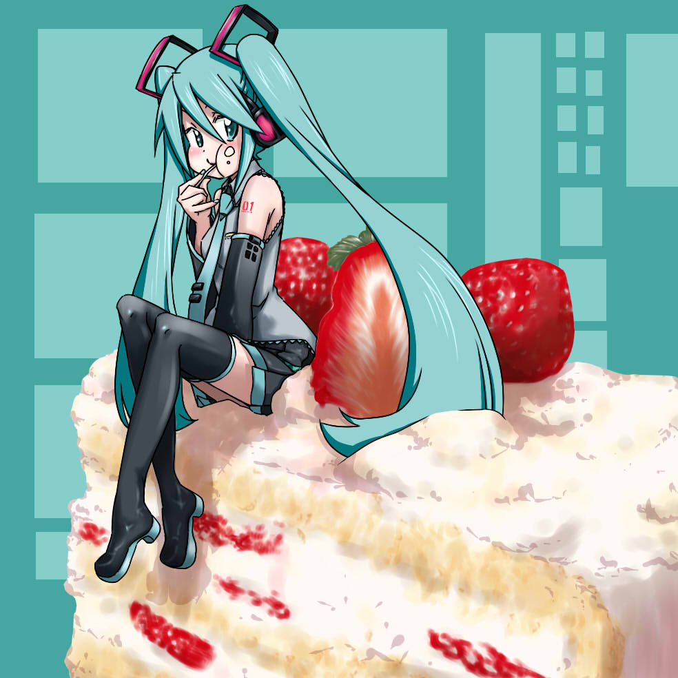 aqua_eyes, aqua_hair, cake, food, hanyapunifu, hatsune_miku, long_hair, minigirl
