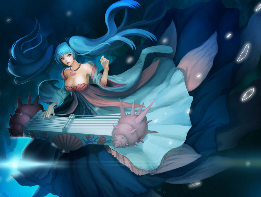 aqua_hair, breasts, cherryxoa, cleavage, etwahl, jewelry, large_breasts, league_of_legends, long_hair, necklace, open_mouth, shell, shell_bikini, signature, sona_buvelle, twintails, yellow_eyes