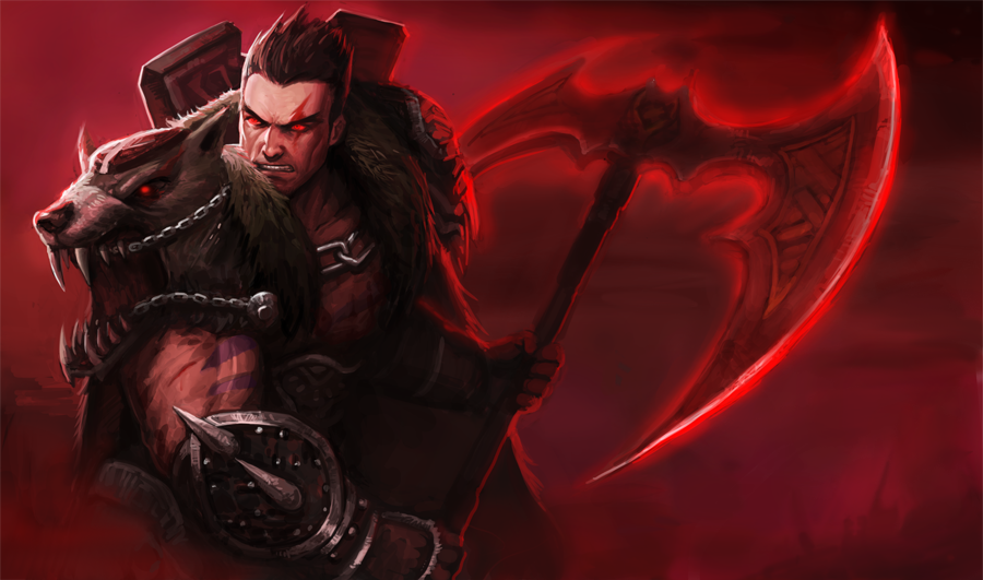 axe, chain, chains, clenched_teeth, darius_(league_of_legends), fangs, glowing, glowing_eyes