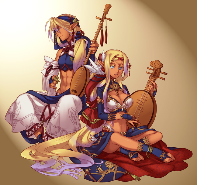 blue_eyes, couple, dark_skin, fantasy, hazuki_gean, instrument, long_hair, lute