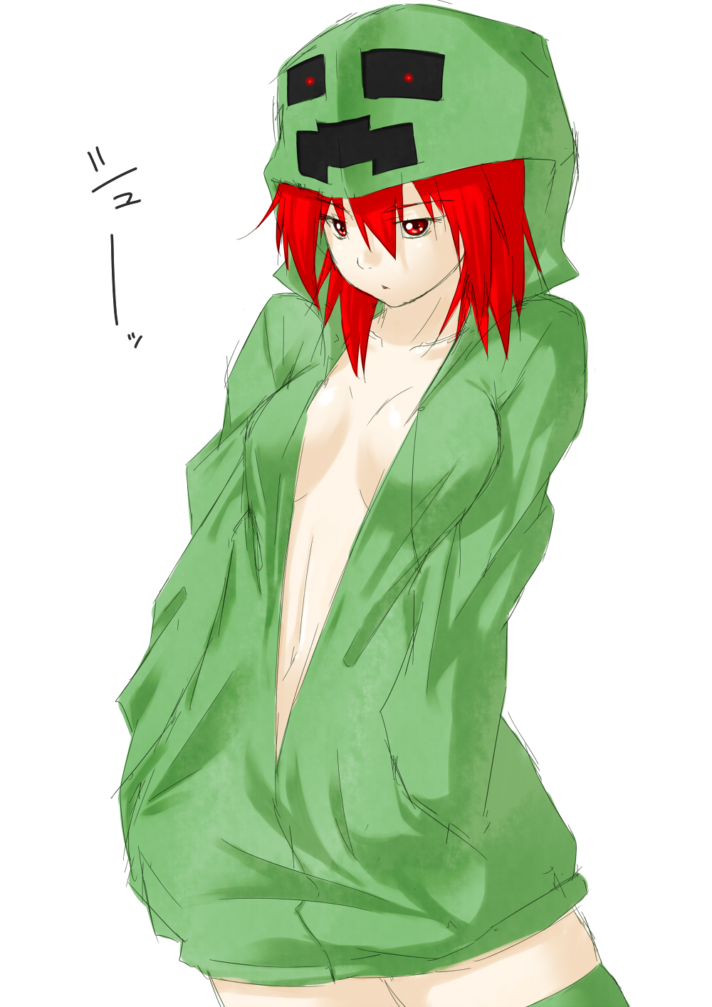 creeparka, creeper, hands_in_pockets, highres, hoodie, minecraft, naked_hoodie, niwatazumi