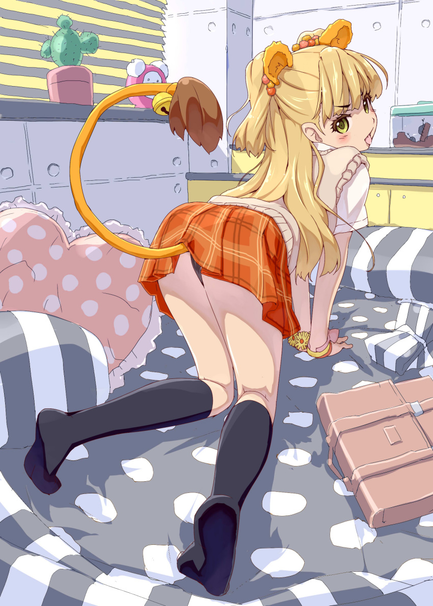 1girl, :p, akata_itsuki, all_fours, animal_ears, bed, bedroom, bell