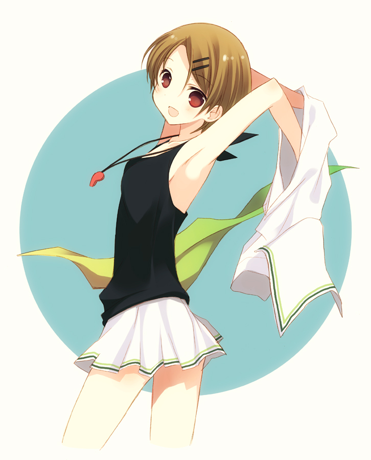 :d, aida_riko, armpits, arms_up, blush, brown_eyes, brown_hair, hair_ornament