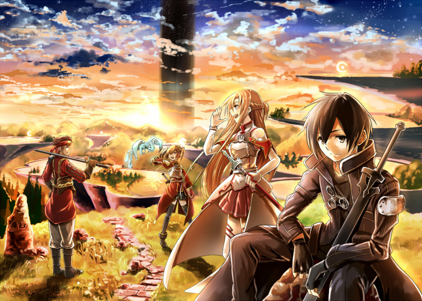 ayano_keiko, clouds, dragon, kirigaya_kazuto, landscape, scenic, sky, sword, sword_art_online, tsuboi_ryoutarou, weapon, youday, yuuki_asuna