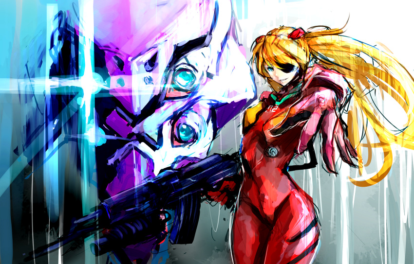 blue_eyes, bodysuit, eva-02, eyepatch, gun, long_hair, mecha, neon_genesis_evangelion, orange_hair, soryu_asuka_langley, souryuu_asuka_langley, weapon
