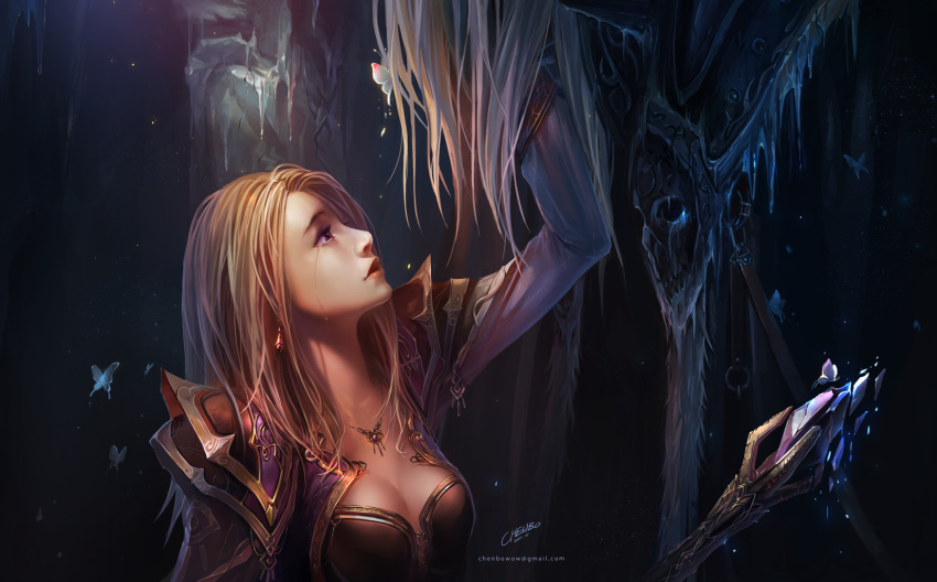 arthas, arthas_menethil, blonde_hair, chenbo, cleavage, jaina_proudmoore, signed, tears