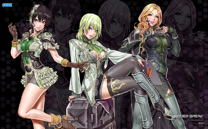 3girls, black_hair, blonde_hair, blue_eyes, boots, border_break, box, breasts