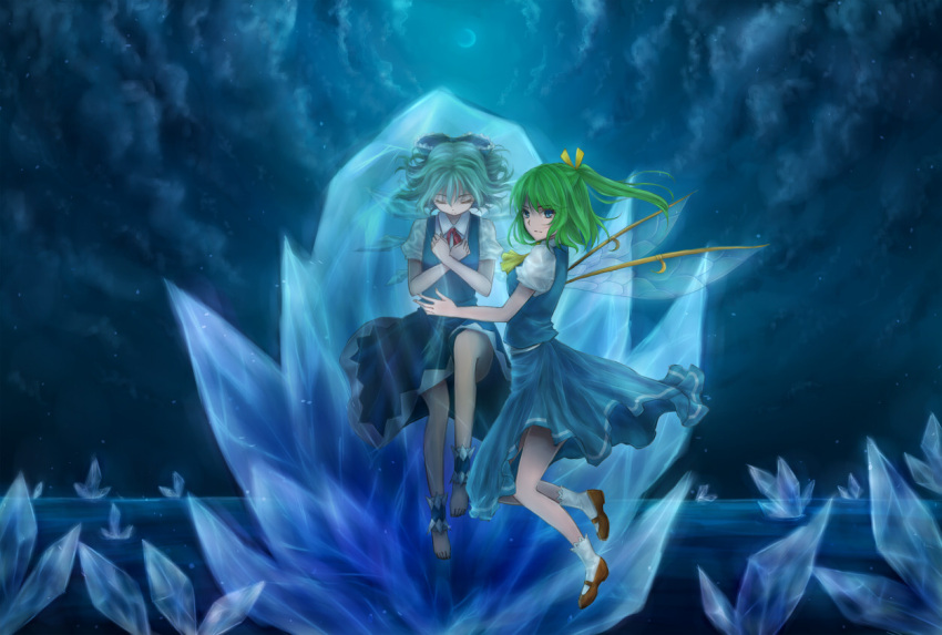 2girls, ankle_cuffs, barefoot, blue, blue_dress, blue_eyes, blue_hair, bow