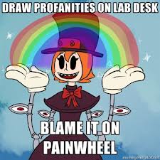 1girl, black_eyes, grin, meme, painwheel, peacock, peacock_logic, rainbow, skullgirls, smile, solo, tagme