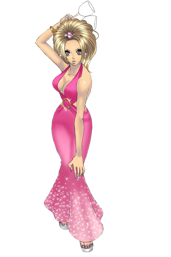 1girl, alternate_costume, alternate_hairstyle, blonde_hair, breasts, brown_eyes, cleavage, cup, flare, flower, gown, gyaru, hair_flower, hair_ornament, hand_on_knee, kneehighs, large_breasts, natsu_(soulcalibur), ponytail, sandals, solo, soul_calibur, soulcalibur, soulcalibur_v, thigh_strap, toenail_polish, transparent_background, updo, vambraces, wine_glass, xuexue_yue_hua
