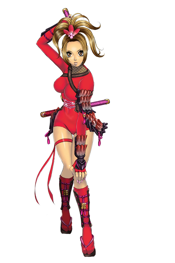 1girl, arm_up, blonde_hair, bodysuit, breasts, brown_eyes, female, fishnets, flower, full_body, gyaru, hair_flower, hair_ornament, hair_up, hand_on_knee, kneehighs, large_breasts, nail_polish, natsu_(soulcalibur), ninja, pink_nails, ponytail, red_bodysuit, red_kneehighs, red_legwear, ribbon, simple_background, skin_tight, solo, soul_calibur, soulcalibur, soulcalibur_v, tabi, tanto, thigh_ribbon, thigh_strap, transparent_background, updo, vambraces, xuexue_yue_hua