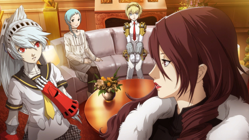 4girls, aegis, android, blonde_hair, braid, couch, kirijou_mitsuru, labrys, multiple_girls, persona, persona_4, persona_4:_the_ultimate_in_mayonaka_arena, persona_4_the_ultimate_in_mayonaka_arena, robot, sweater, yamagishi_fuuka