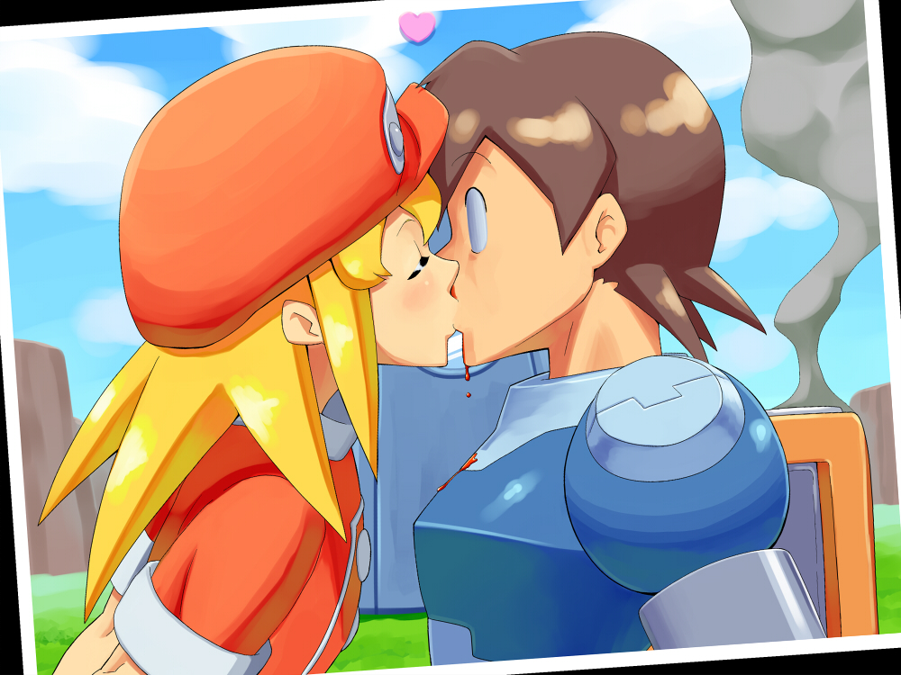 1girl, arms_behind_back, blonde_hair, blood, blush, brown_hair, closed_eyes, empty_eyes, hat, heart, kiss, nosebleed, rock_volnutt, rockman, rockman_dash, rog_rockbe, roll_caskett, smoke
