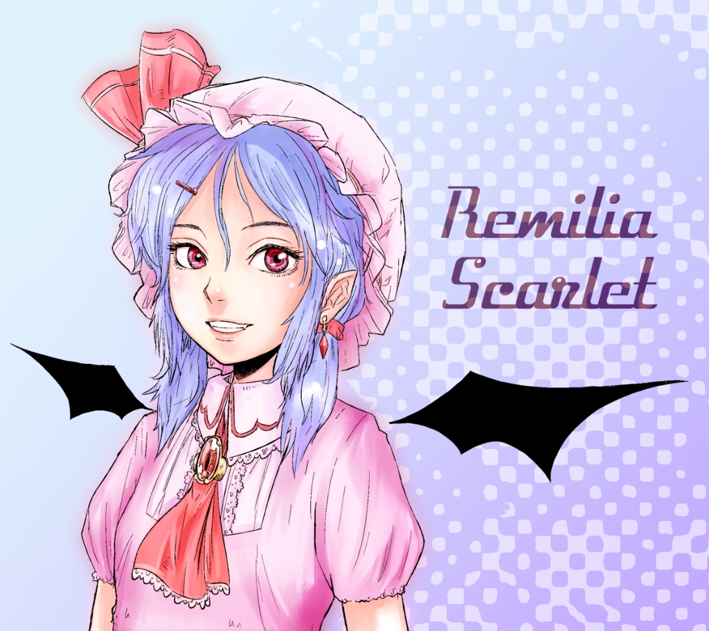 362_(mimuni), alternate_hair_length, alternate_hairstyle, bat_wings, brooch, bust, character_name, earrings