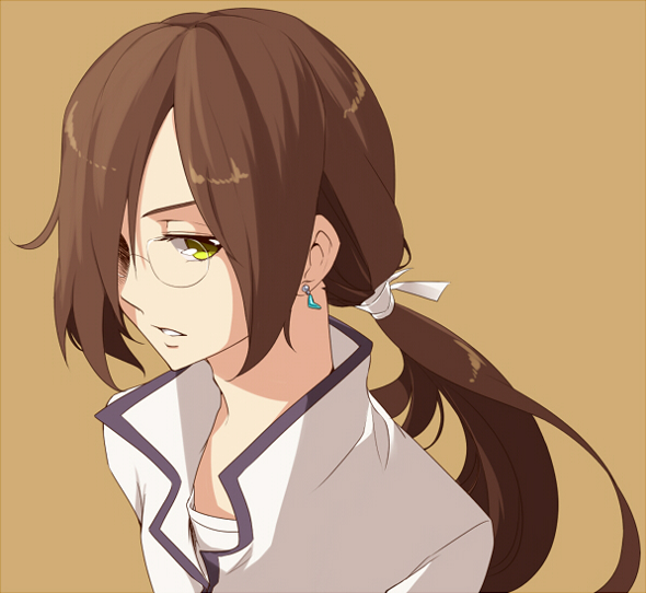 brown_background, brown_hair, earrings, glasses, hair_over_one_eye, jewelry, long_hair, lupus_haruto