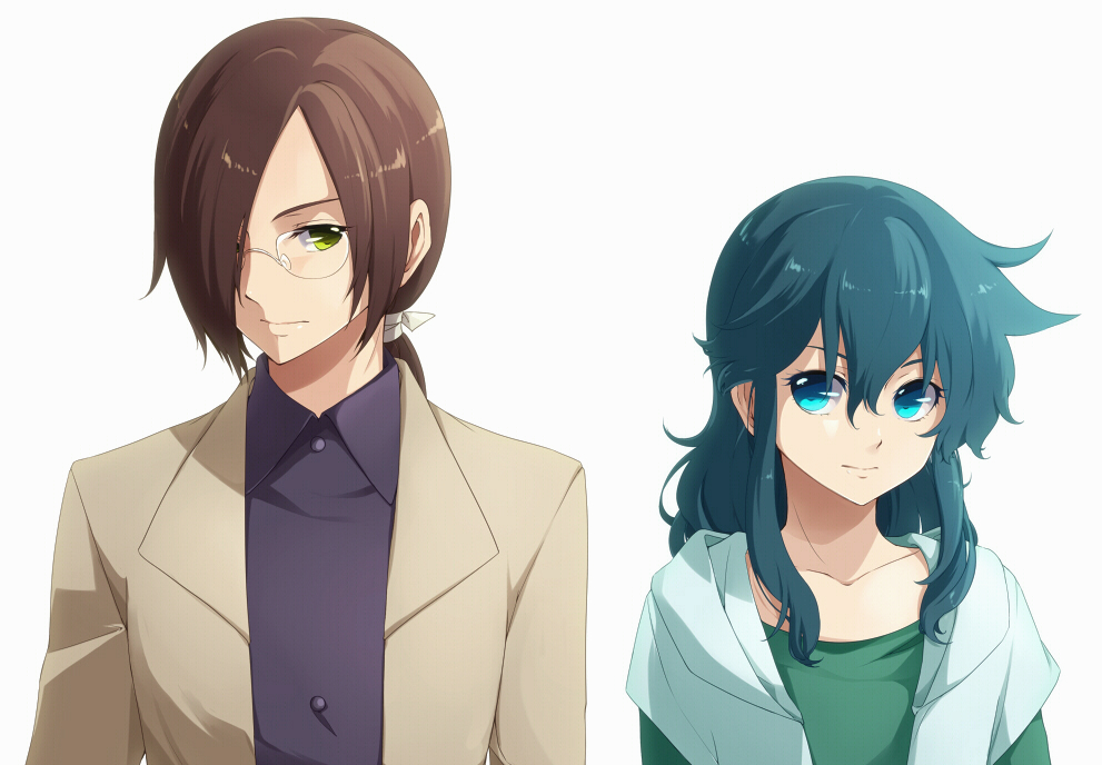 blue_eyes, blue_hair, brown_hair, dragon_ryuuhou, glasses, green_eyes, lupus_haruto, male
