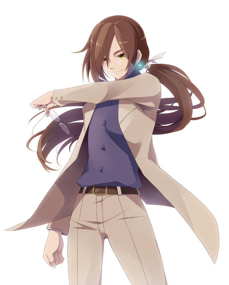 belt, brown_hair, earrings, glasses, glasses_removed, jewelry, long_hair, lupus_haruto