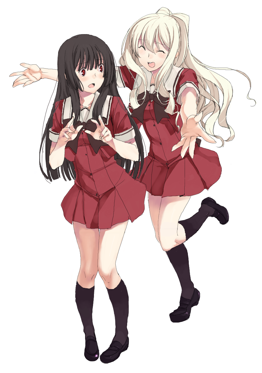 black_hair, blonde_hair, blush, highres, kirisato_itsuki, kirishima_shizuku, multiple_girls, red_eyes