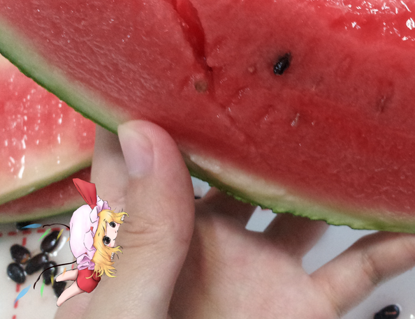 barefoot, biting, blonde_hair, blush, bow, cait-sith, chibi, dress, flandre_scarlet, food, fruit, hands, hat, minigirl, photo, red_dress, red_eyes, shadow, short_hair, side_ponytail, smile, solo, touhou, watermelon, wings