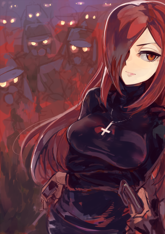 black_egrets, breasts, cross, hair_over_one_eye, long_hair, miniskirt, parasoul_(skullgirls), red_hair