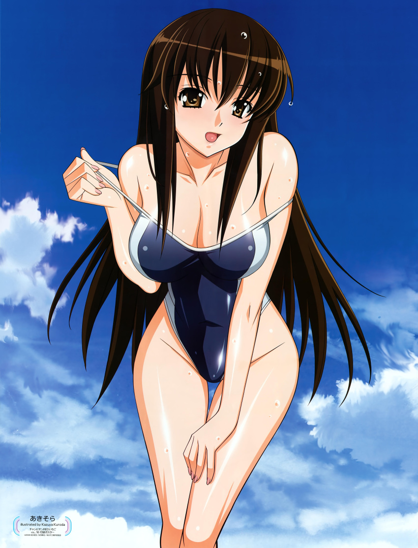 aki-sora, aki_sora, akisora, aoi_aki, bare_shoulders, breasts, brown_eyes, brown_hair, cleavage, highres, kuroda_kazuya, large_breasts, leaning_forward, long_hair, nail_polish, one-piece_swimsuit, open_mouth, pin-up, solo, strap_lift, strap_slip, swimsuit, wet