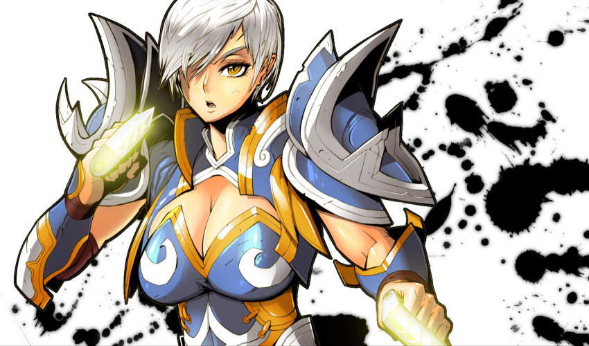 brass_knuckles, breasts, bust, butcherboy, cleavage_cutout, diablo_3, hair_over_one_eye, heart