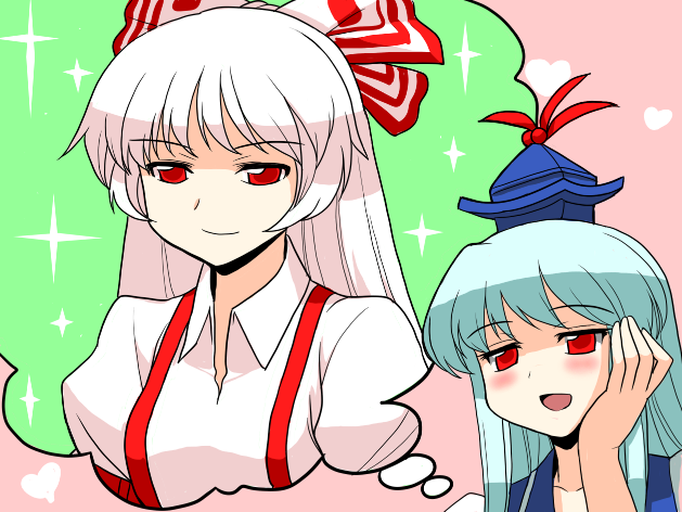 blush, bow, collarbone, fujiwara_no_mokou, green_hair, hair_bow, hat, kamishirasawa_keine