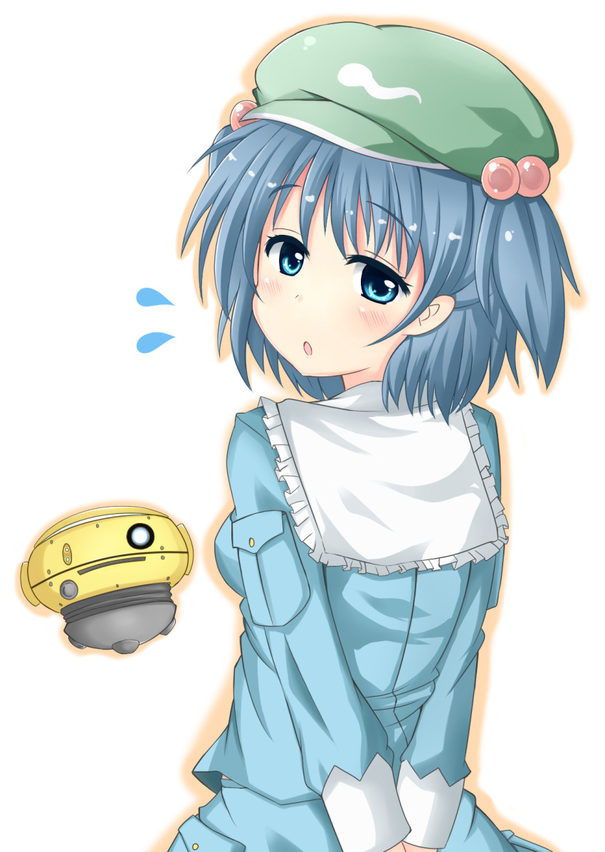 arms_behind_back, blue_eyes, blue_hair, blush, flubber, flying_sweatdrops, hair_bobbles, hair_ornament