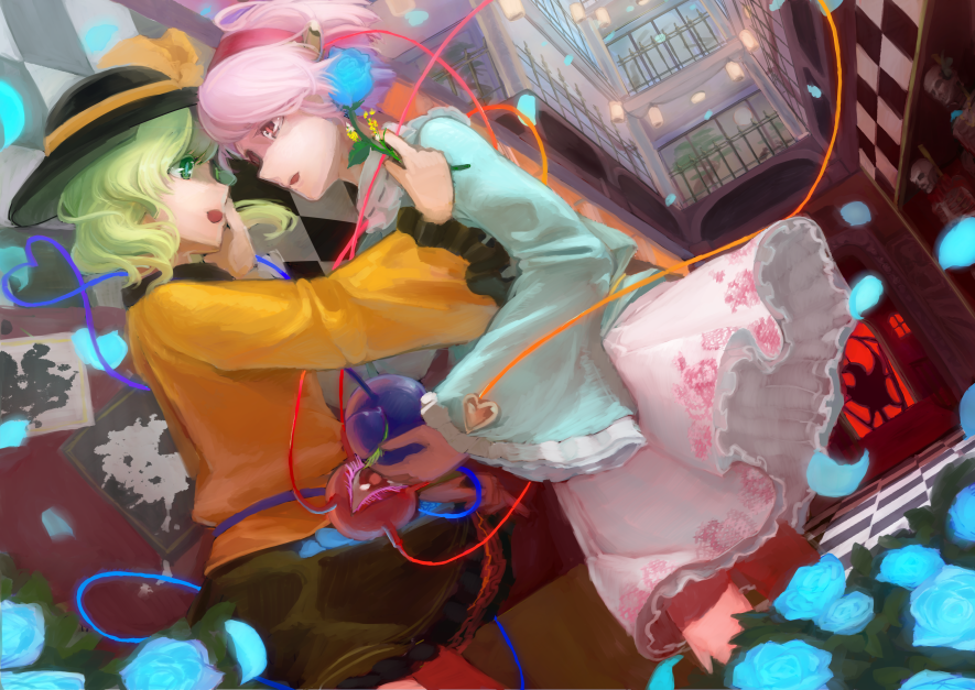 closed_eyes, eyes_closed, flower, green_eyes, green_hair, hairband, hat, itobek, komeiji_koishi, komeiji_satori, long_sleeves, multiple_girls, open_mouth, petals, pink_eyes, pink_hair, rose, siblings, sisters, third_eye, touhou, wide_sleeves