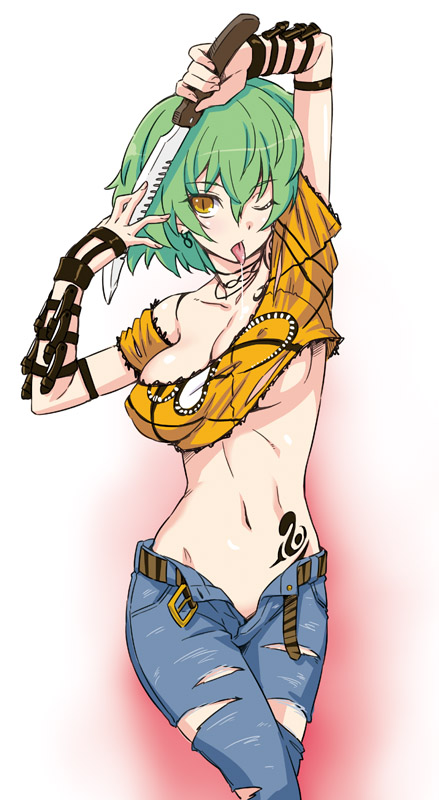 ;p, belt, breasts, earrings, green_hair, hikage_(senran_kagura), holding, jeans, jewelry, kazuma_muramasa, knife, long_hair, midriff, saliva, saliva_trail, senran_kagura, solo, tongue, tongue_out, torn_legwear, unbuckled_belt, undone_belt, wink, yellow_eyes