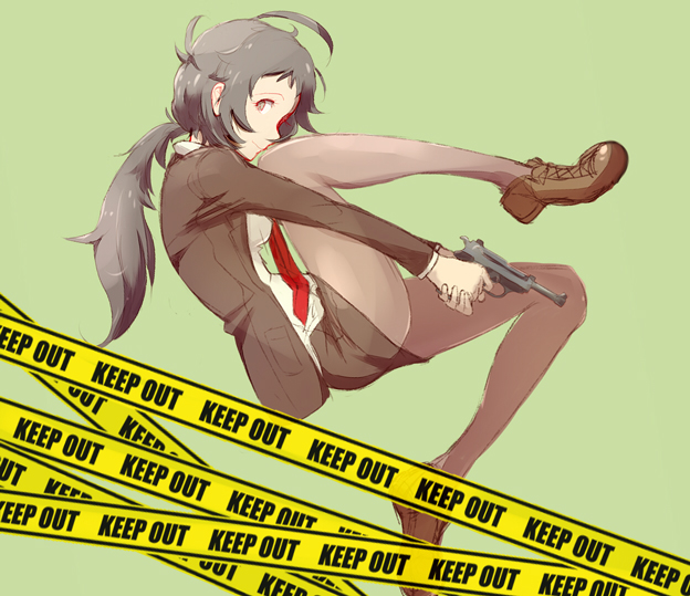 adachi_tooru, ass, brown_eyes, brown_hair, brown_legwear, caution_tape, formal, genderswap