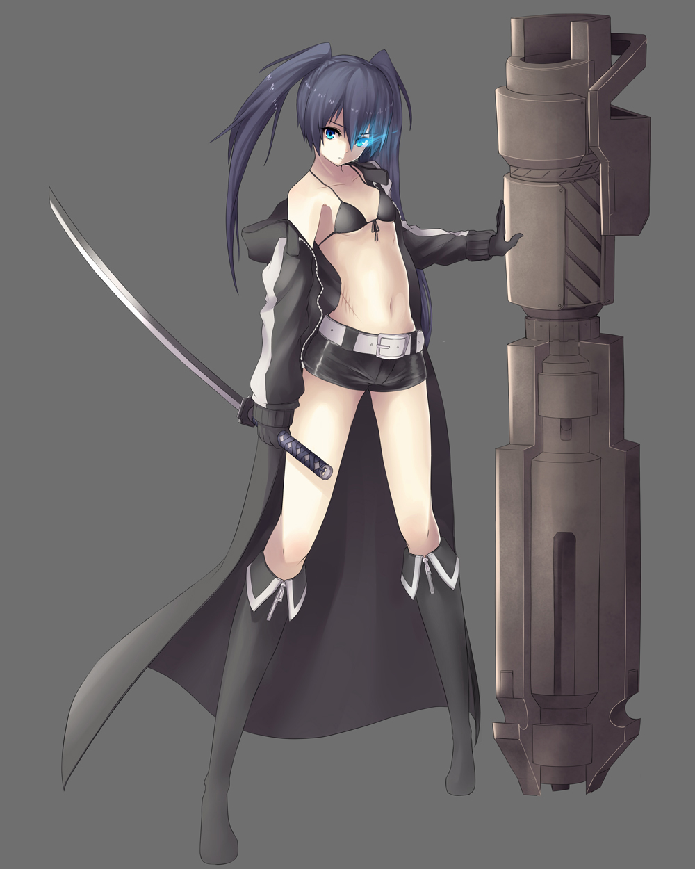 bikini_top, black_hair, black_rock_shooter, black_rock_shooter_(character), blue_eyes, boots, cannon, gloves, glowing, glowing_eyes, grey_background, highres, lauqe, long_hair, midriff, navel, reverse_grip, scar, simple_background, solo, sword, twintails, weapon
