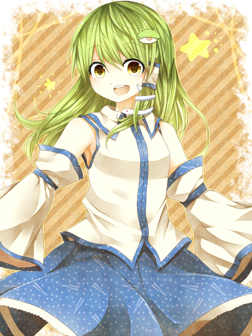 detached_sleeves, diagonal_stripes, frog_hair_ornament, green_hair, hair_ornament, hair_tubes, hanaon, highres, kochiya_sanae, long_hair, looking_at_viewer, open_mouth, smile, snake, solo, star, touhou, wide_sleeves, yellow_eyes