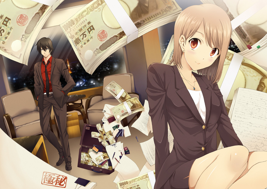 1boy, 1girl, black_hair, brown_hair, business_suit, documents, earrings, female