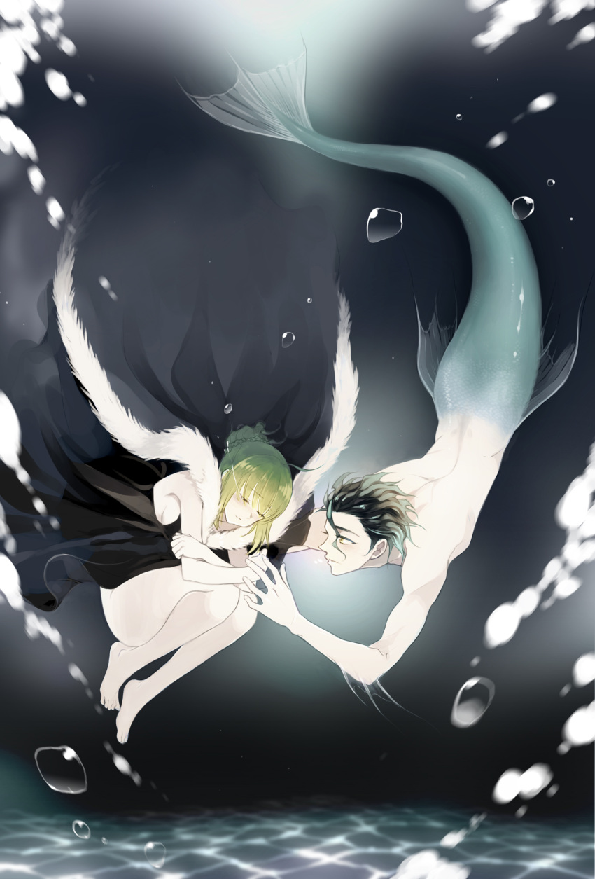 1girl, ahoge, anz_(starry), barefoot, black_hair, blonde_hair, cape, covering
