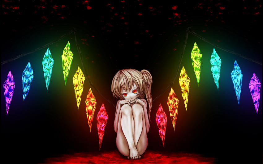 barefoot, blonde_hair, darkness, flandre_scarlet, glowing, glowing_eyes, glowing_wings, hands_on_knees