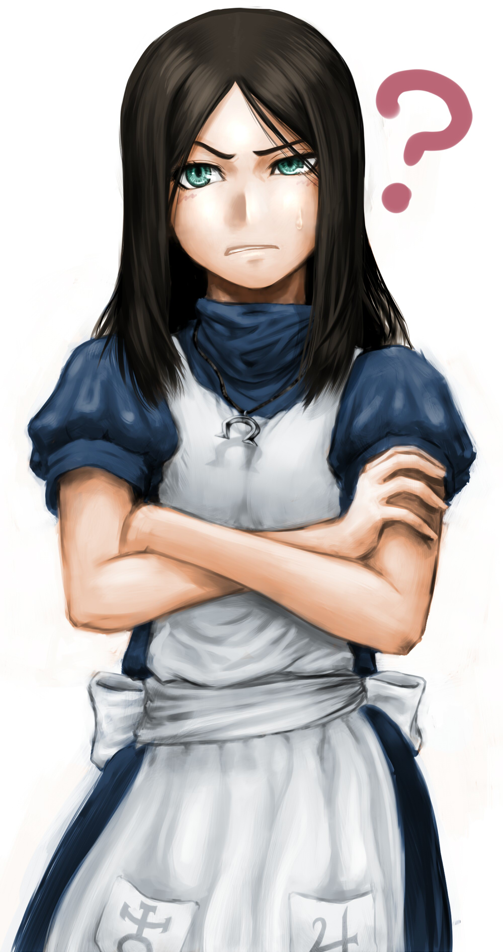 ?, alice:_madness_returns, alice_(wonderland), alice_in_wonderland, american_mcgee's_alice, american_mcgee's_alice, apron, black_hair, ceramic_man, crossed_arms, dress, green_eyes, highres, jewelry, necklace, solo, white_background
