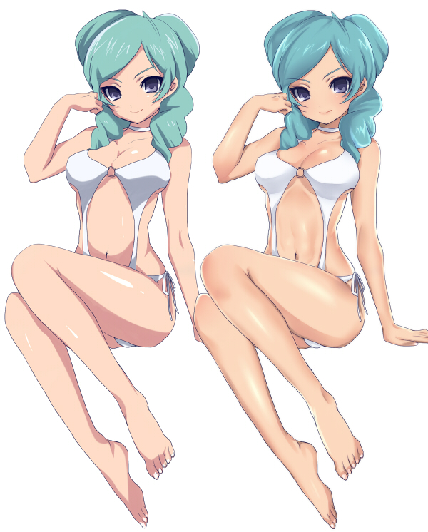 aqua_hair, barefoot, beta_(inazuma_eleven), breasts, choker, feet, hand_in_hair, highres