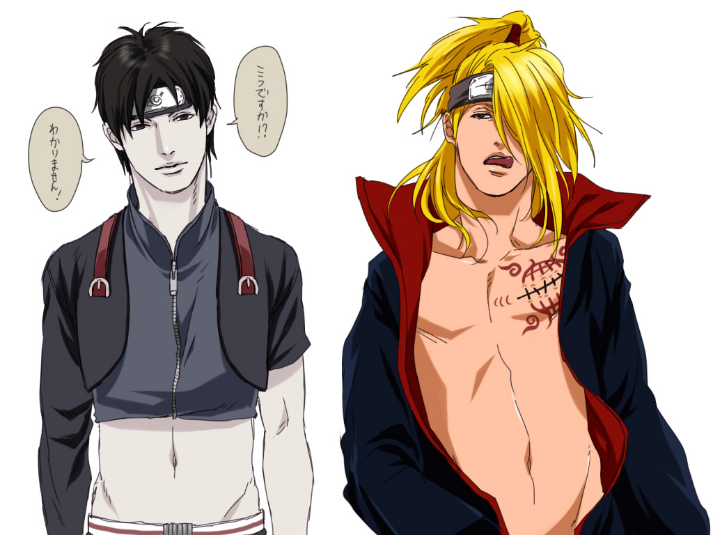 2boys, black_hair, blonde_hair, chest, deidara, duo, male, midriff