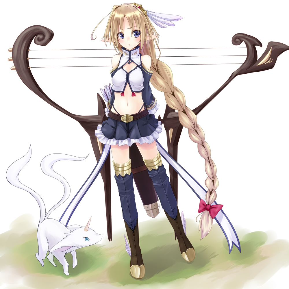 :o, animal, arms_behind_back, blonde_hair, blue_eyes, blush, braid, crop_top