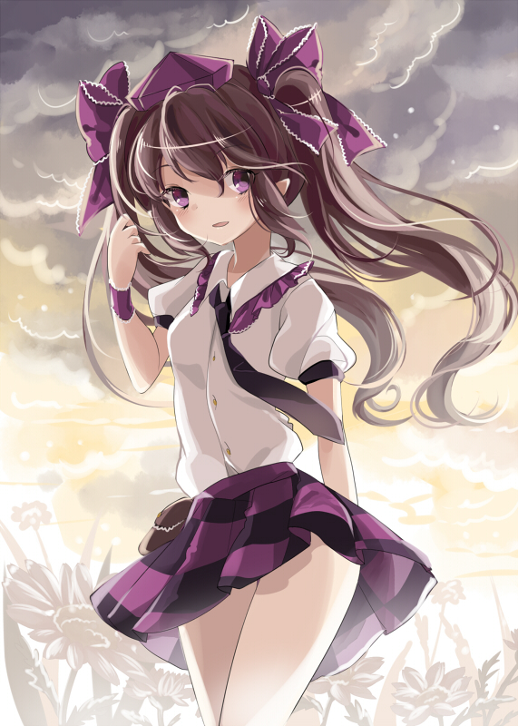 brown_hair, cloud, clouds, hat, himekaidou_hatate, long_hair, necktie, pointy_ears