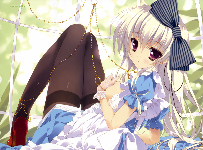 absurdres, apron, arm_support, beads, black_legwear, bow, breasts, censored