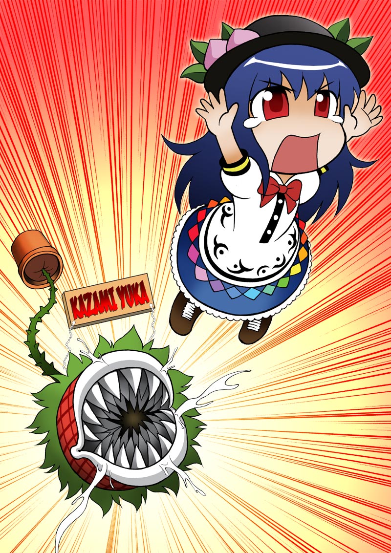 arms_up, character_name, drooling, emphasis_lines, english, flying, food, fruit, gradient, gradient_background, hinanawi_tenshi, kazami_yuuka, long_hair, monster, parody, peach, piranha_plant, red_eyes, sharp_teeth, super_mario_bros., surfking, tears, touhou