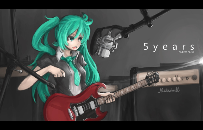 1girl, amplifier, aqua_eyes, aqua_hair, arceonn, border, electric_guitar, gibson_sg