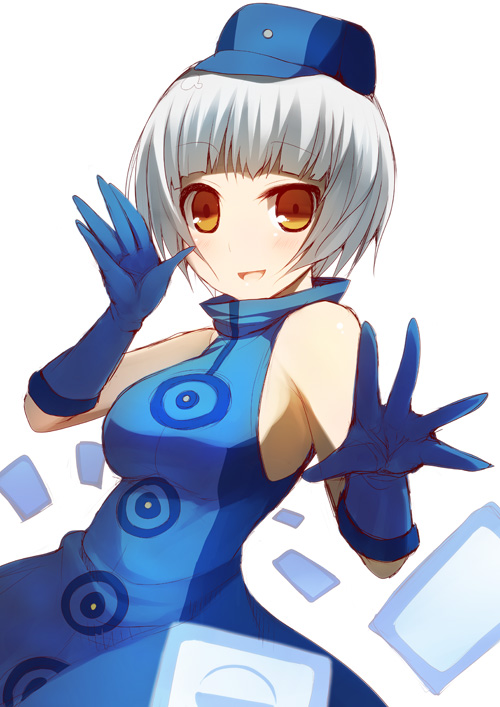blue_dress, breasts, dress, elevator_attendant, elizabeth_(persona), gloves, hat, kujiran