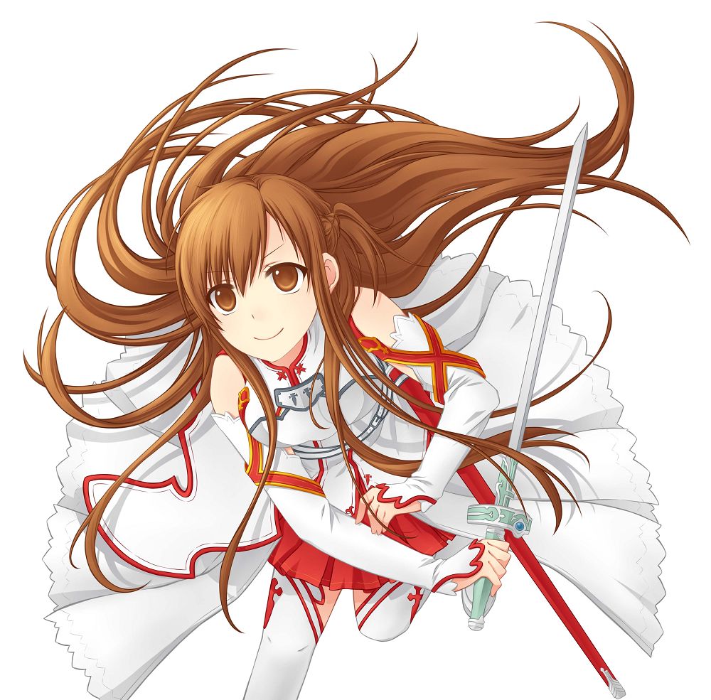 asuna_(sao), brown_eyes, brown_hair, detached_sleeves, dogg023, long_hair, rapier, skirt