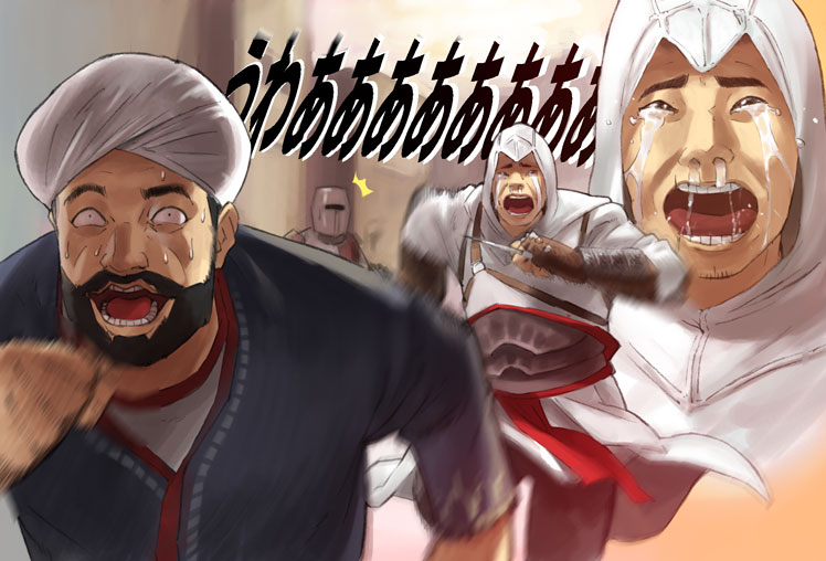 3boys, altair_ibn_la-ahad, assassin's_creed, assassin's_creed, beard, blade, brown_gloves, chasing