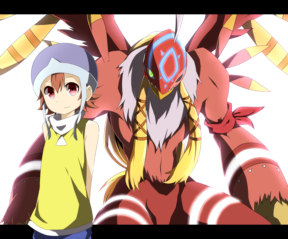 arms_behind_back, blonde_hair, brown_hair, digimon, digimon_adventure, feathers, garudamon, glowing