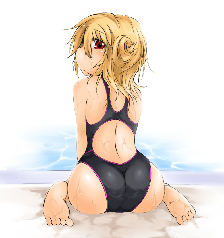 ass, back, barefoot, blonde_hair, competition_swimsuit, feet, from_behind, kaminagi-tei, looking_back, one-piece_swimsuit, original, pool, poolside, red_eyes, short_hair, sitting, soles, solo, swimsuit, toes, wariza, wet