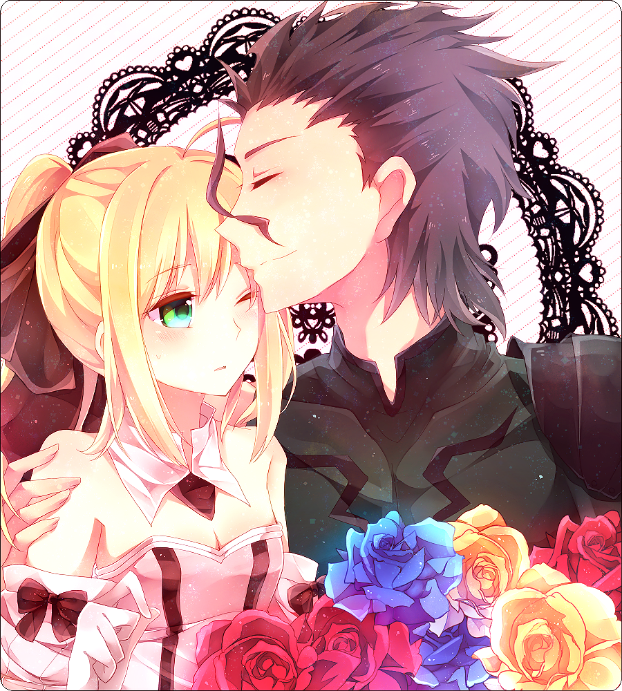 1girl, ahoge, ajuvyrvosjfj, bare_shoulders, blonde_hair, blue_rose, blush, bow, brown_hair, closed_eyes, couple, detached_sleeves, eyes_closed, fate/unlimited_codes, fate/zero, fate_(series), flower, green_eyes, hair_bow, kiss, lancer_(fate/zero), ponytail, red_rose, rose, saber, saber_lily, short_hair, wink, yellow_rose